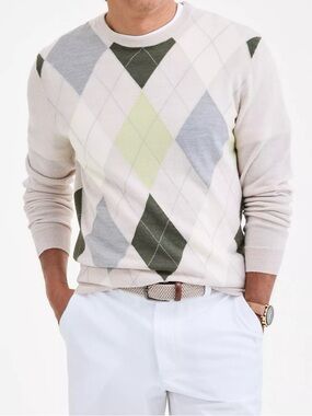 Club Room Merino Wool Argyle Sweater Mens XL Beige Green Gray Crewneck